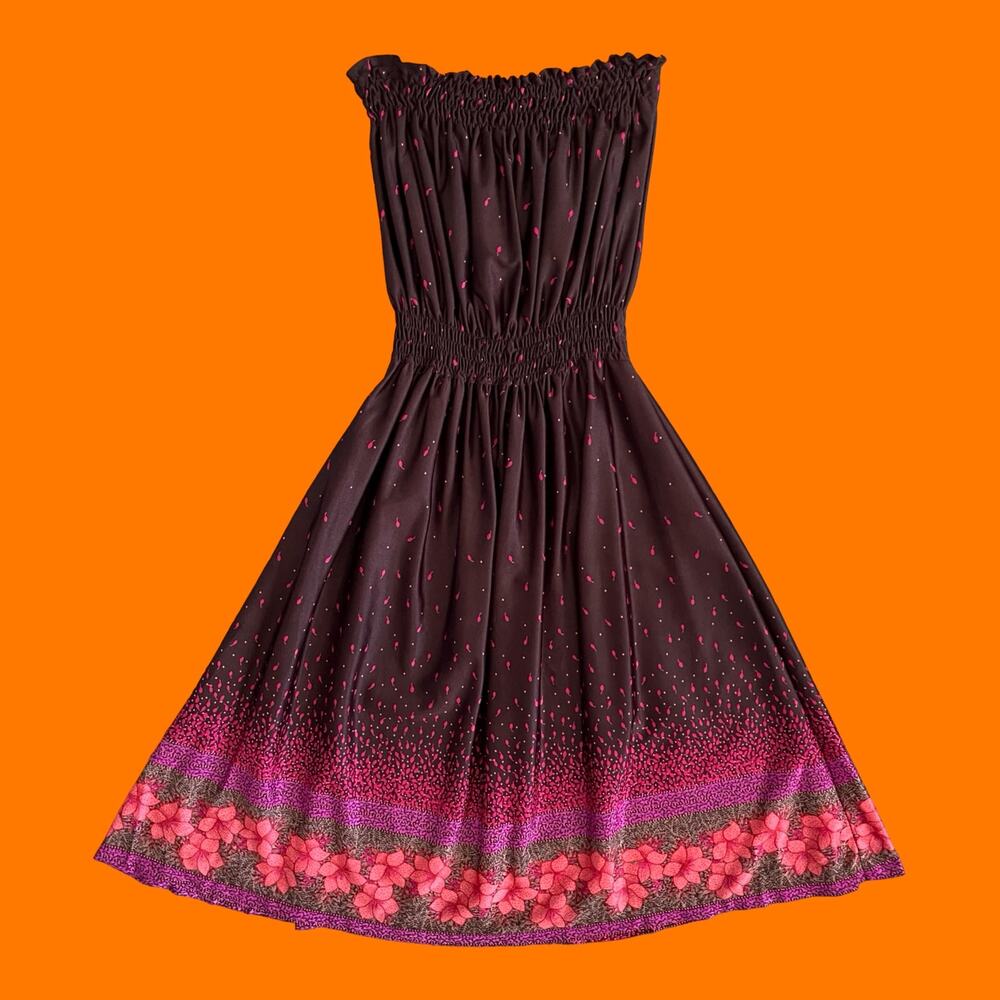80's vintage brown and pink floral smocked tube top dress LARGE *runs small*
